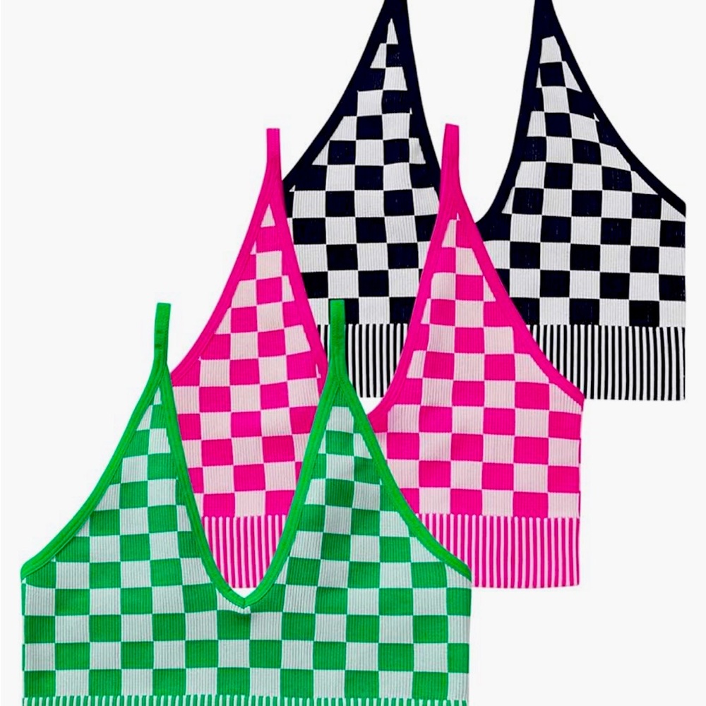 V Neck checkerboard Crop Tank Tops 4 pack